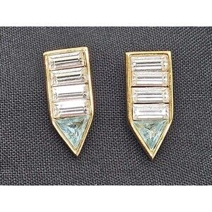 Monet Vintage Signed Peirced Earrings Gold Tone Baguette Crystal & Blue Arrow